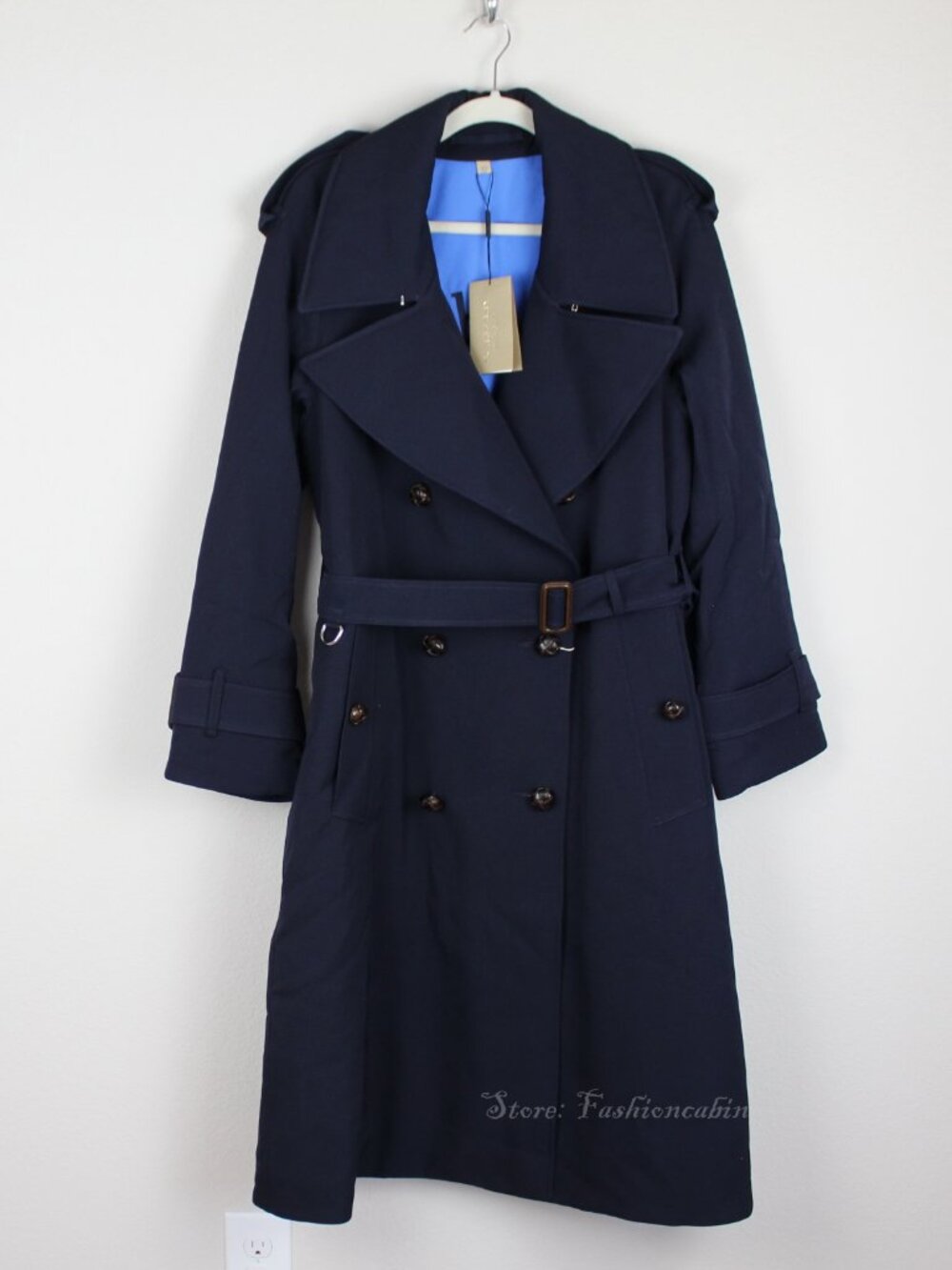 NWT Burberry Oversize Wool Wide Lapel Belted Trench Coat, Blue, US12/UK14 - Picture 2 of 16